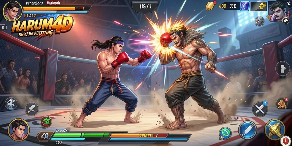 Tampilan gameplay HARUM4D dengan aksi pertarungan yang intens.