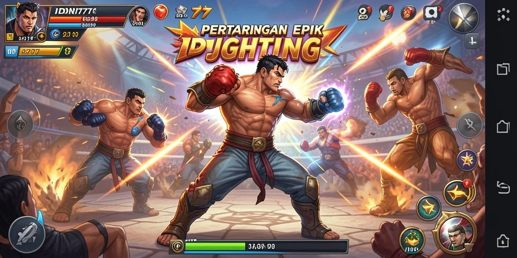 Screenshot gameplay IDN777 menampilkan aksi pertarungan yang intens dan karakter beragam.