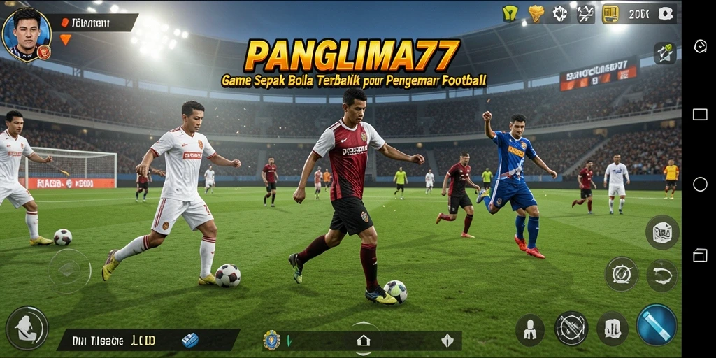 Tampilan layar utama gameplay PANGLIMA77 yang menampilkan aksi sepak bola.