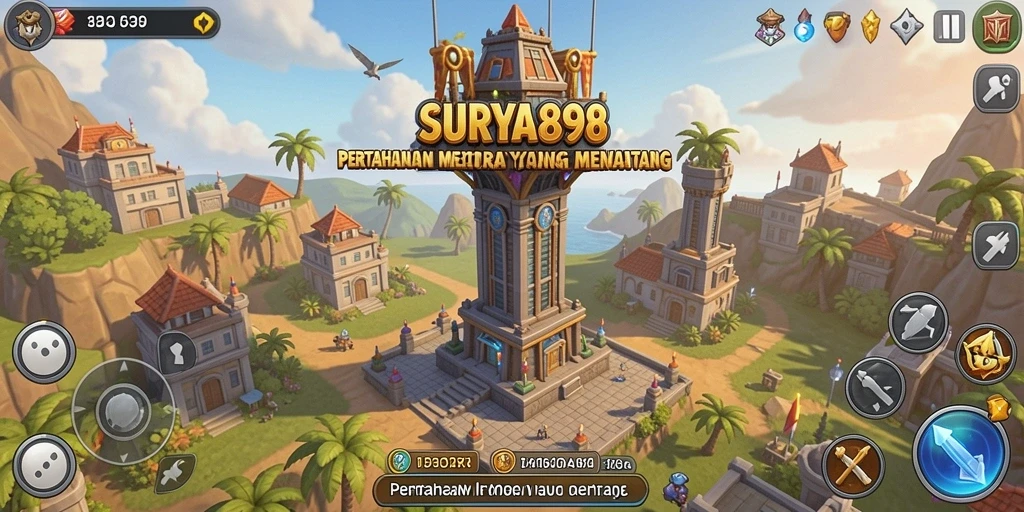 Screenshot SURYA898 menampilkan aksi menara dalam pertempuran Tower Defense.