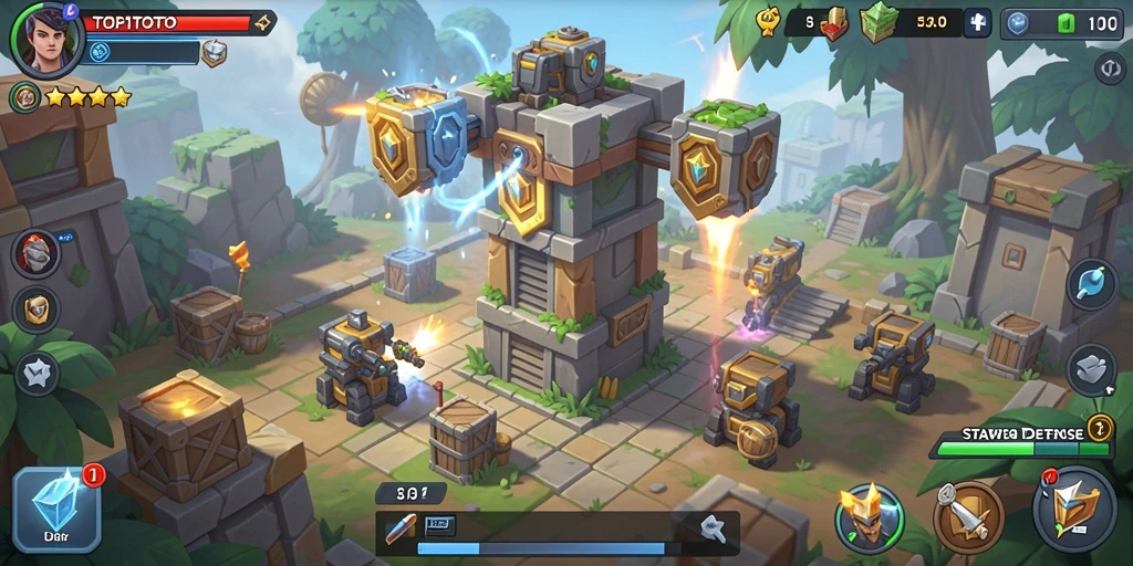 Screenshot gameplay TOP1TOTO menampilkan menara yang siap menghadapi serangan musuh.
